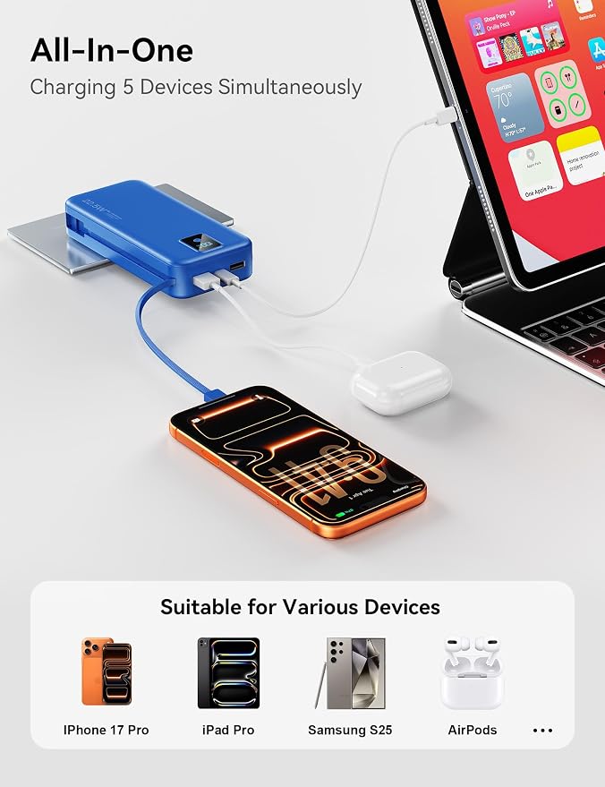 Portable Charger 20000mAh 22.5W w/Built-in Cable & Wall Plug Navy | High capacity, Fast charging, Built-in cables & wall plug, LED display, Charge 5 devices at once, Pass through, TSA approved - Image 7