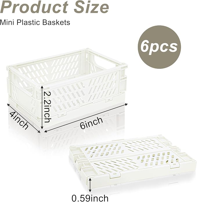6 Pack Mini Foldable Small Plastic Baskets for Organizing and Storage，Collapsible Storage Crates,Mini Bins for Home Kitchen Bedroom Bathroom Office (White, Small 6x4x2.2) - Image 2