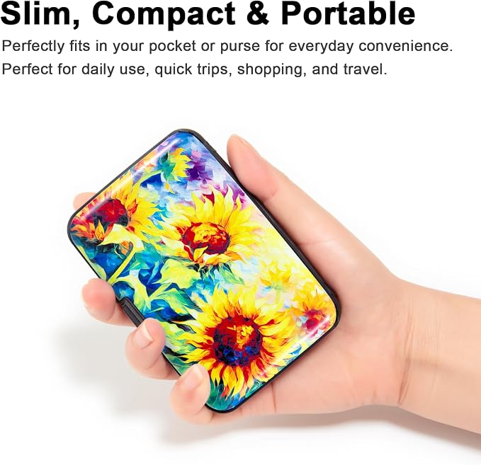 Credit Card Holder for Women Men RFID Blocking Wallet Small Business Metal Slim Mini Aluminum Hard Case (Yellow SunFlowers Painting) - Image 5