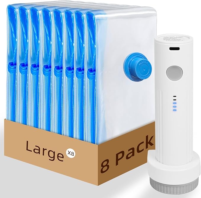 8 Pack Vacuum Storage Bag for Travel with Cordless Electric Pump, Large | Carry-on Packing Bags for Luggage and Suitcase, Space Saver Compression Clothes Storage Bag with Rechargeable Pump (8 Large) by TOUYINGER