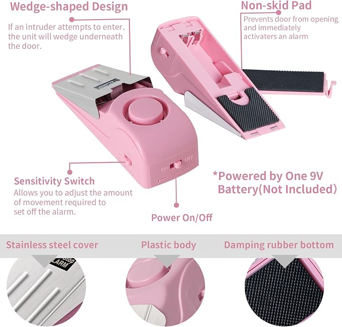 Portable Door Lock & Door Stop Alarm Set, Dual Protection Home Security Door Kit, Travel Hotel Door Lock Devices Pocket Self Defensey Tools for Traveling Hotel Home Apartment,Pink - Image 5