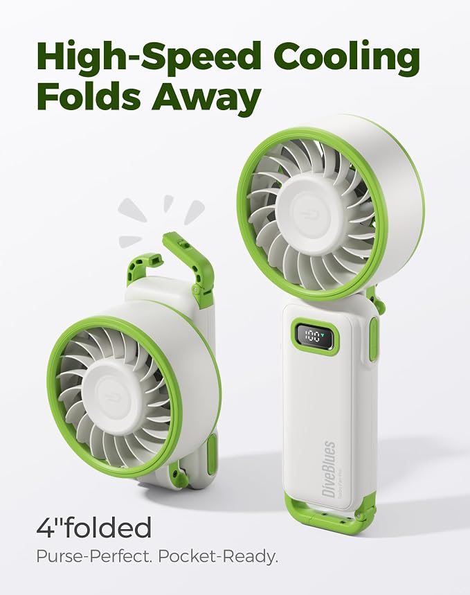 Diveblues Portable Turbo Fan, 7.4m/s High Speed Handheld Fan, 180° Foldable 4-in-1 Personal Neck Fan with Carabiner Clip, 100 Speed Stepless Control, USB-C Rechargeable for Travel, Makeup Hot Flashes - Image 3