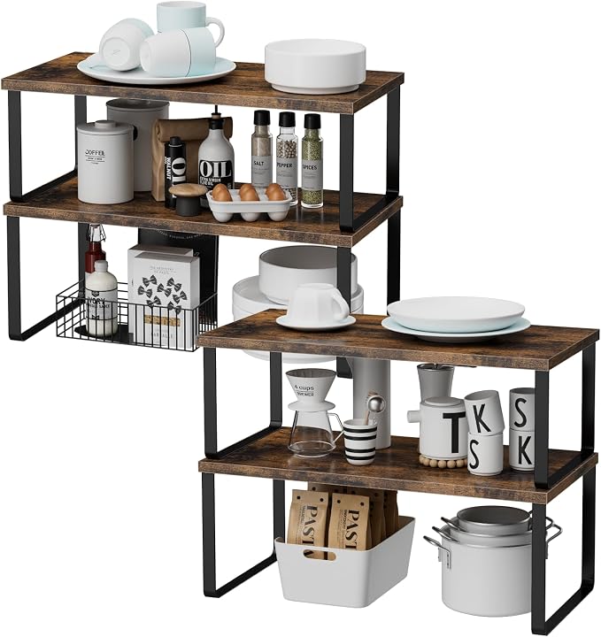 OGEMXU Cabinet Shelf Organizers, 15.7 inches Large Kitchen Counter Shelf, Set of 4 Wood Kitchen Pantry Organizer, Storage Shelves for Countertop, Spice Rack, Stackable, Expandable, Metal Black, Brown - Image 3