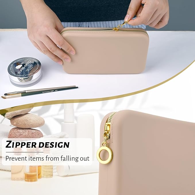 Travel Zipper Makeup Brushes Bag Silicone Large Makeup Brush Holder Women Pouch Case for Daily, Work, Essentials（Khaki） - Image 5