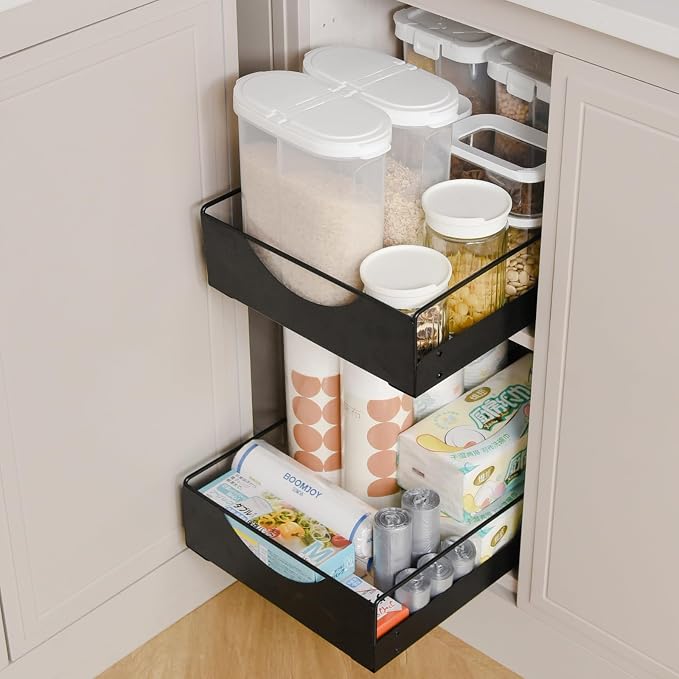 Under Sink Pull Out Organizer, Single-Tier Metal Drawer Slide Out Storage Shelf, No-Drill Nano Adhesive Installation, Fits 16"+ Deep Cabinets for Kitchen Bathroom Pantry Storage by ADEVZO