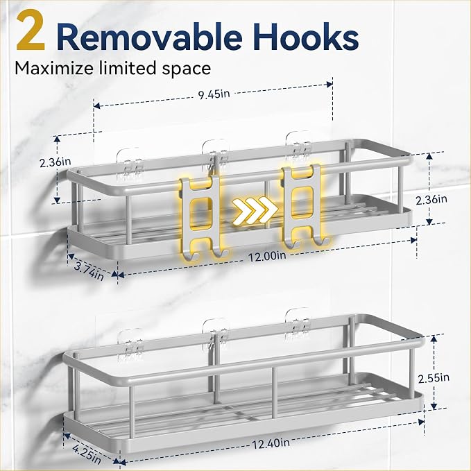 Shower Caddy Adhesive, Rustproof Shower Organizer, Large Capacity Shower Shelves for Inside Shower, No Drilling Bathroom Organizers and Storage for Home Decor （2 Pack Grey） - Image 6