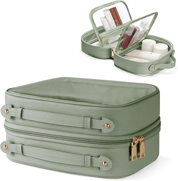 Clear Cosmetic Bag Double Layer Travel Toiletry Bag Clear Makeup Bag Case with 4 Compartments, Transparent Travel Bag for Toiletries, Large Toiletry Bag for Women Cosmetic Case (Sage Green, Large) by Oaque