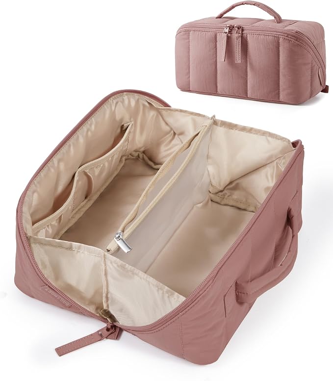 BAGSMART Puffy Travel Makeup Bag Toiletry Bag for Women, Dark Pink | Open Flat, Portable, Make Up Organizer, Water-resistant, Puffy Padded, For Toiletries, Brushes by BAGSMART