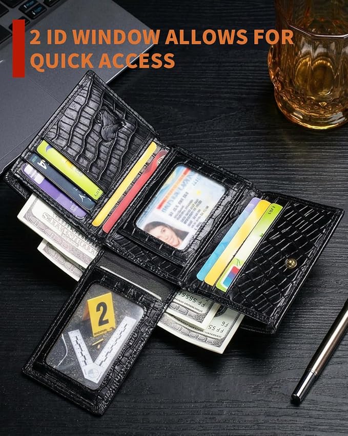 STEELLION Men's Trifold Wallet, Cowhide, 13 Card Slots, ID Window, RFID | Croc-embossed cowhide with a removable chain; practical organization for office, travel, and everyday carry (Black) - Image 5