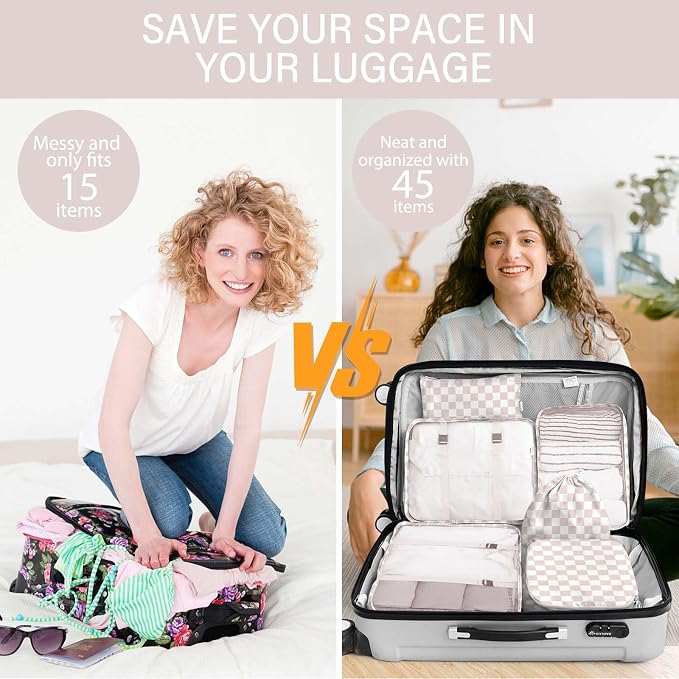 KPX 8 Set Packing Cubes for Travel, Luggage Packing Organizers Accessories Large Toiletries Bag for Clothes Shoes Cosmetics (8Set-Nude Pink Plaid) - Image 5