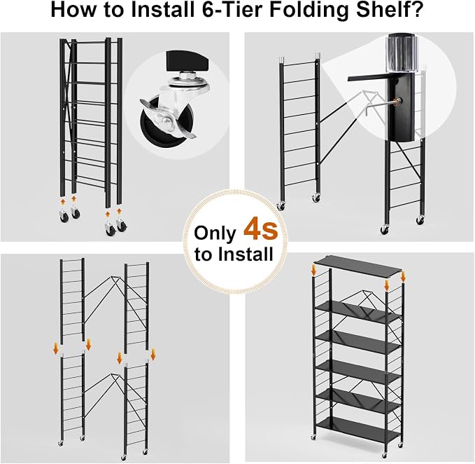 Himix 6-Tier Foldable Storage Shelves with Wheels Adjustable Kitchen Black | Folding shelving units, Metal collapsible organization, Metal shelf, Changeable into 2 shelf units, Garage - Image 5