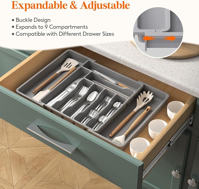 Lifewit Expandable Silverware Drawer Organizer, Kitchen Utensil Tray | BPA-free Plastic Flatware Cutlery Holder, Space-Saving Storage for Spoons Forks Knives, 13-22.4 x 15“, Gray - Image 4