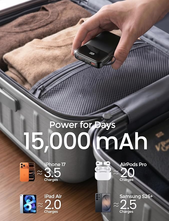 15000mAh Portable Charger Power Bank, Smaller Built-in 4 Cables, 22.5W | 50% More Capacity, 45% Smaller, Slim Travel Essential Battery Pack, 30-Min Fast Charge to 50% for iPhone/Samsung, Black - Image 2