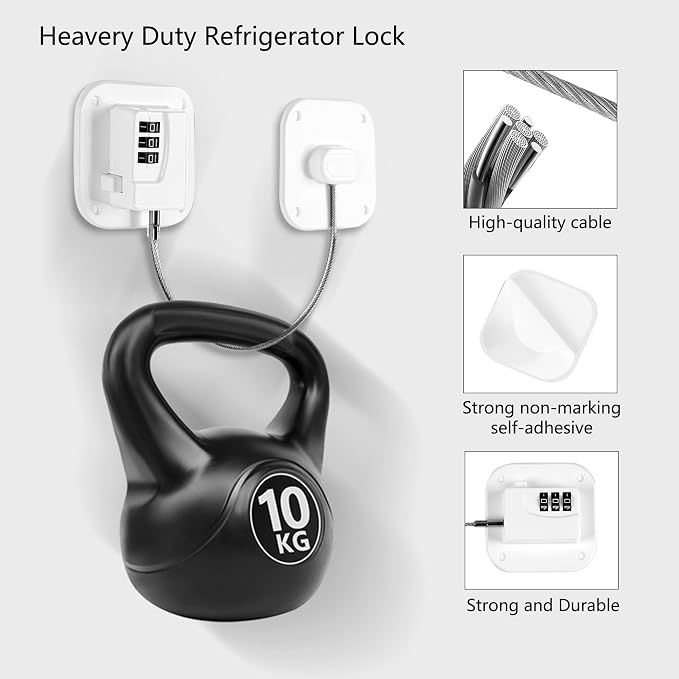 Refrigerator Lock, Heavy Duty Fridge Lock, Combination Lock for Refrigerator Cabinets, Drawers, Safety, Easy Install No Keys Needed (White-1Pack) - Image 3