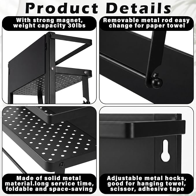 Vercraft Magnetic Dorm Fridge Organizer Heavy Duty Metal 66lbs over Dorm Fridge Shelf Essentials Side of Fridges Paper Towel Holder with Storage Shelf Hooks Magnetic Spice Rack for Room Kitchen(Black) - Image 3