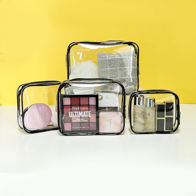 4 Pack Clear Toiletry Bag, Portable Travel Makeup Pouch with Zipper, TSA Approved Organizer, PVC Cosmetic for Airport Airline Compliant (Black, Pack of 4) - Image 7