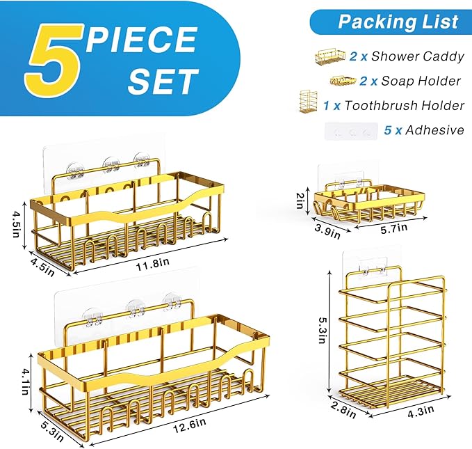 Shower Caddy 5 Pack,Adhesive Shower Organizer for Bathroom Storage&Home Decor&Kitchen,No Drilling,Large Capacity,Rustproof Stainless Steel Bathroom Organizer,Shower Shelves for Inside Shower-Larger - Image 7