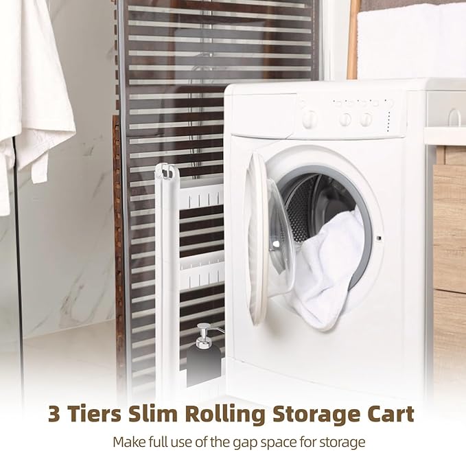 3 Tiers Slim Rolling Storage Cart, 3.5 Inches Slim Slide Out Bathroom Organizer Cart, Tiered Storage Rack with Wheels, Narrow Mobile Utility Cart for Laundry Room, Kitchen, Office, Sturdy Room - Image 2