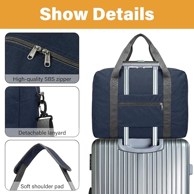 30L Foldable Underseat Travel Duffel Bag 17.3"x13.8"x7.9" – Lightweight Carry on Luggage for Women and Men, Waterproof Overnight Bag, Gym Sport Holdall, Hospital Tote with Trolley Sleeve, Navy Blue - Image 3