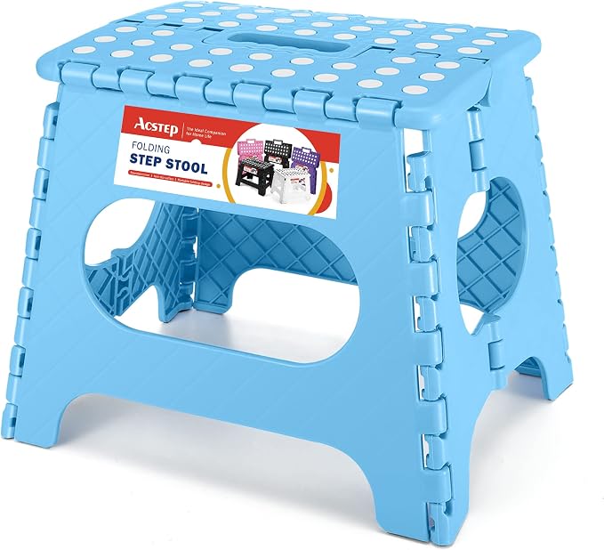 11 Inch Folding Step Stool for Kids, Non-Slip Foldable Stools, Blue | Heavy Duty Collapsible Foot Stool, Lightweight with Built-in Handle, Holds 300 lb for Adults Kitchen Bathroom Bedroom Outdoor by ACSTEP