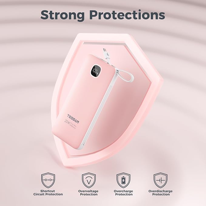 Portable Charger with Built in Cables,TESSAN 10000mAh Power Bank Fast Charging with Foldable Wall Plug Charger, PD20W Compact Battery Pack Travel Essentials for iPhone 17/16/15 Series,Samsung,Tablets | PD20W USB C Fast Charging with Foldable AC Outlets... - Image 6