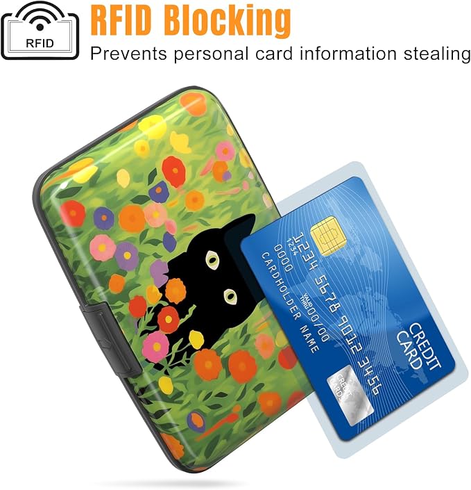 Rimilak Aluminuml Credit Card Holder,Green Grass Cat | Mini Credit Card Wallet RFID Blocking Slim Metal Hard Case for Women Men - Image 2
