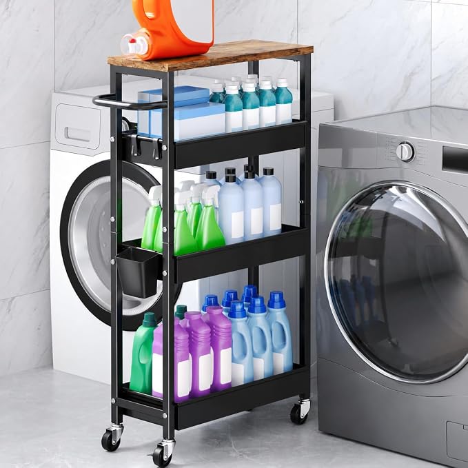 4 Tier Slim Rolling Storage Cart with Wheels for Between Washer and Dryer | Metal Narrow Kitchen Cabinet, Laundry Room Organization and Storage Shelf, 8In Skinny Detergent Organizer for Small Space by Aofure