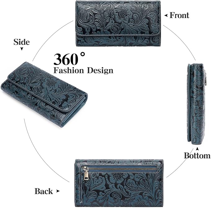 GOIACII Leather Wallets for Women RFID Blocking Western Clutch Blue | Embossed Design, Trifold, Large Billfolds, Vintage Flower, Ladies Purses with Zipper Coin Pocket - Image 7