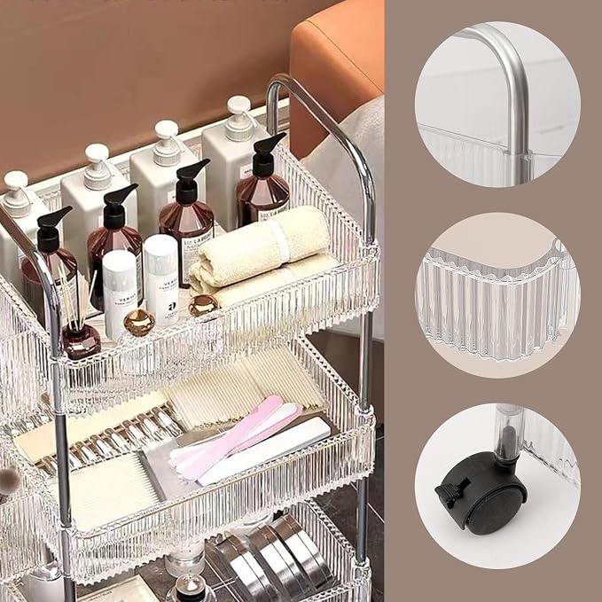 3 Tiers Rolling Storage Cart with Hanging Basket Acrylic Organizer | Acrylic Rolling Cart with Hanging Basket and Lockable Wheels, Ideal for Home, Office, Kitchen and Bathroom Storage - Image 4