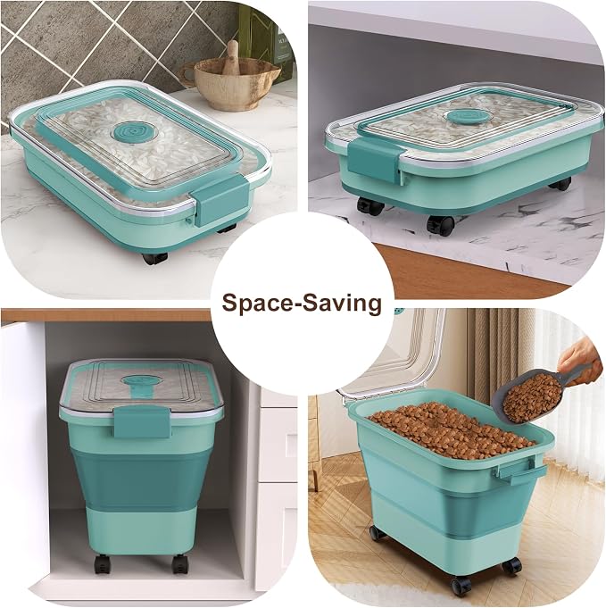 Rice Storage Container, Collapsible Airtight Food Storage Containers 20-30lbs with Clear Lid and Wheels, Rice Dispenser with Scoop for Flour Cereal Pasta Grain, Cat Pet Bird Dog Food Storage Container - Image 7