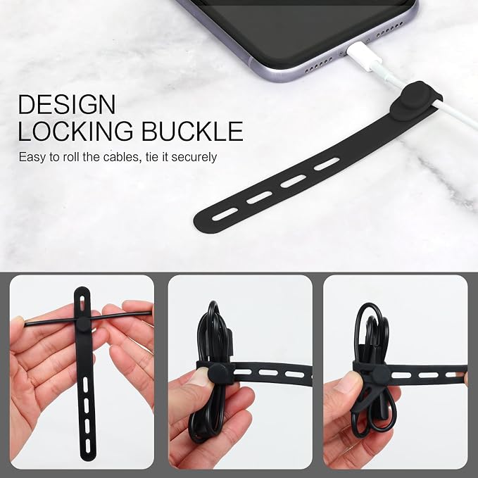 Donruby 24Pcs Silicone Cable Ties - Reusable & Washable with Locking Buckles, Adjustable Fastening Cable Management Straps, Multi-Purpose High Elasticity Cord Organizer (Black) - Image 5