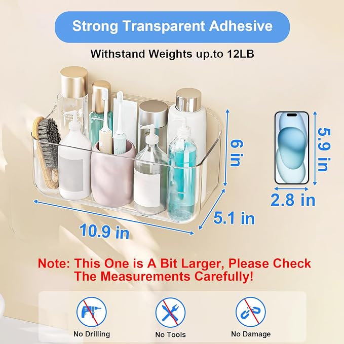 Wall Mount Organizer, Large Adhesive Wall Self - Bathroom Shelf | Adhesive Bathroom Shelves with Self Adhesive Tape Clear Shelf for Bathroom, Kitchen - Large Size - 5.1"D x 10.9"W x 6"H - Image 3