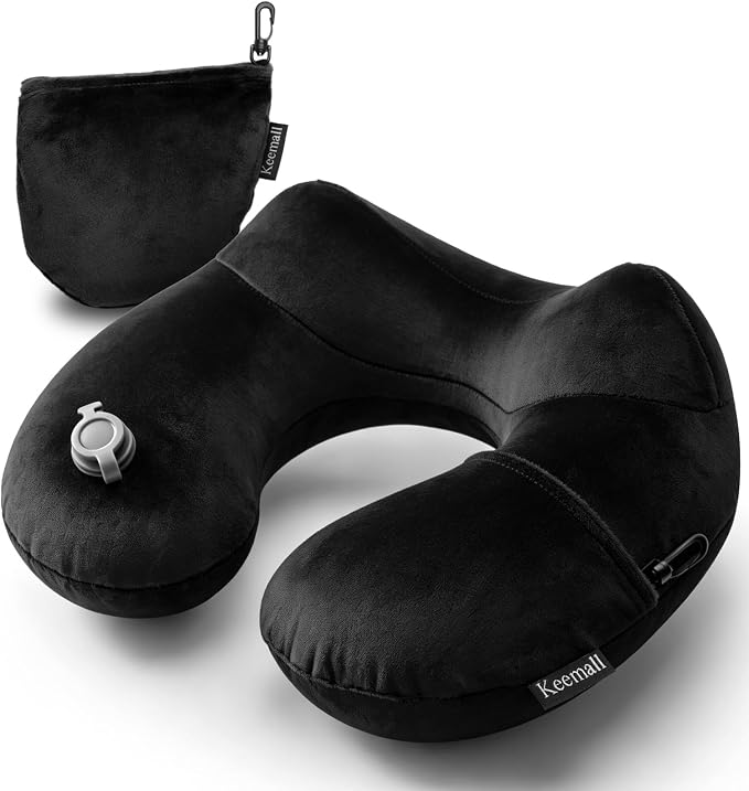 Keemall Portable Inflatable Travel Neck Pillow for Airplane, Car & Office | Ergonomic Velvet Cervical Cushion Relieves Neck Pain, Great for Business Travel, Plane, Car & Daily Commute, Premium Black by Keemall