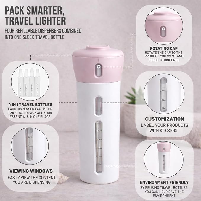 Travigo 4-in-1 Travel Dispenser Bottle, TSA Approved, Leak Proof, Four Reusable 1.4 oz. (40 mL) Toiletry Containers for Shampoo, Conditioner, Soap, Lotion, Skincare (Pink) - Image 3