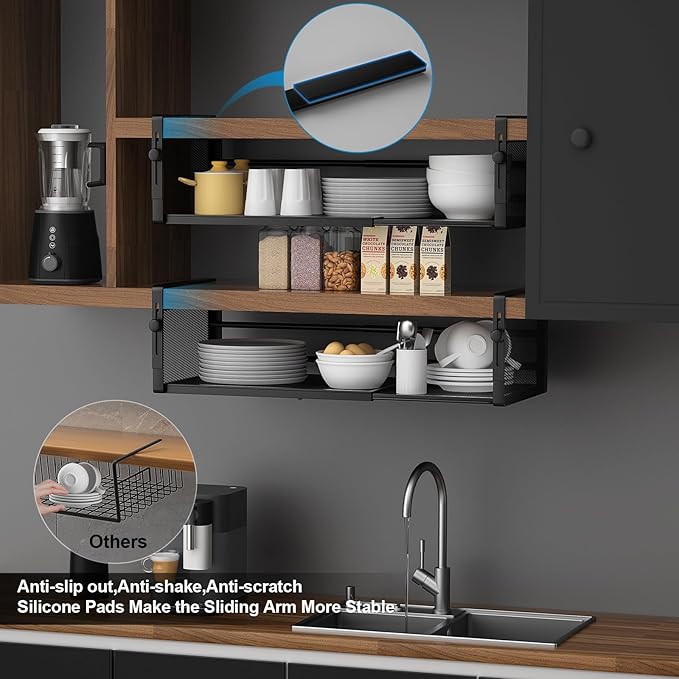 AmonHouseware 2Pack Expandable Under Shelf Storage Basket Organizer,Black | Adjustable Hanging,Length Stretchable14.9-22.6Inch,Under Cabinet Shelf for Laundry Room Kitchen Pantry Desk Counter Cupboard - Image 6