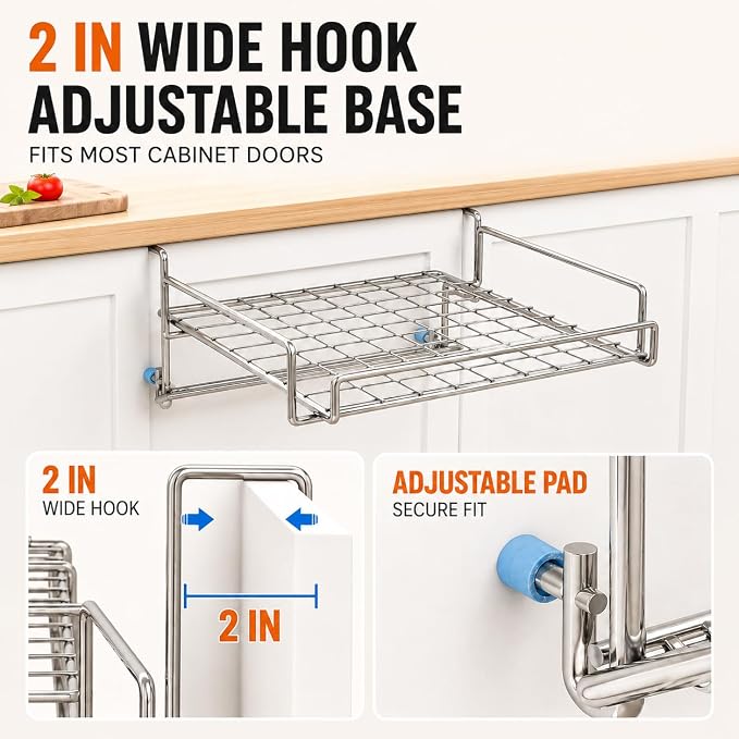 Kitchen Counter Extender, 1-Sec Foldable Over Cabinet Door & Drawer Organizer Shelf, No Drill Hanging Storage Rack Space Saver with Towel Bar for RV & Renters (Stainless Steel Silver) - Image 7