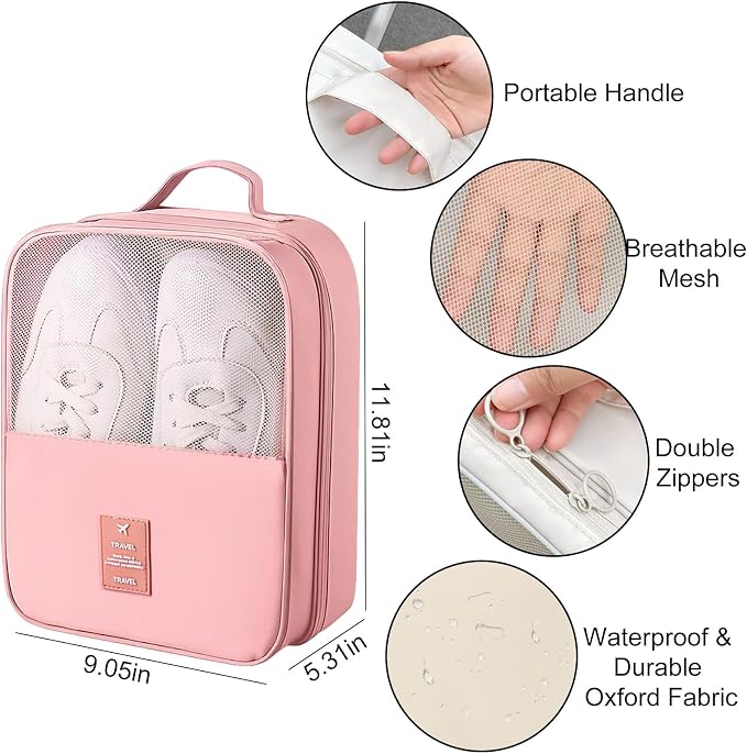 Shoe Bags for Travel Holds 3 Pair of Shoes, Shoe Storage Pouch with 2 Pack Portable Bags, Waterproof & Washable, Pink - Image 2