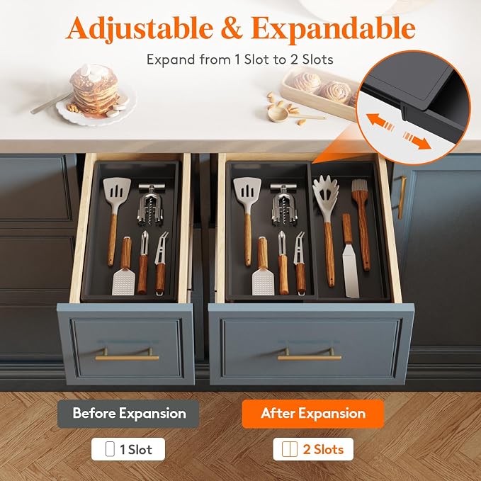 Lifewit Utensil Organizer for Kitchen Drawer, Expandable Cooking Tray | Adjustable Cutlery Flatware Holder, Plastic Silverware Spatula Tools Storage Divider, 7.5-12.9 x 16.1", Black - Image 4
