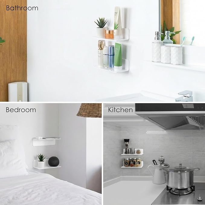OAPRIRE Acrylic Floating Wall Shelves White, No Drill, 9 Inch 2 Pack | Strong Tape Adhesive Wall Shelf, Easy Installation, Hole Design with Cable Clips, Small Spaces Bedroom Bathroom Living Room - Image 4