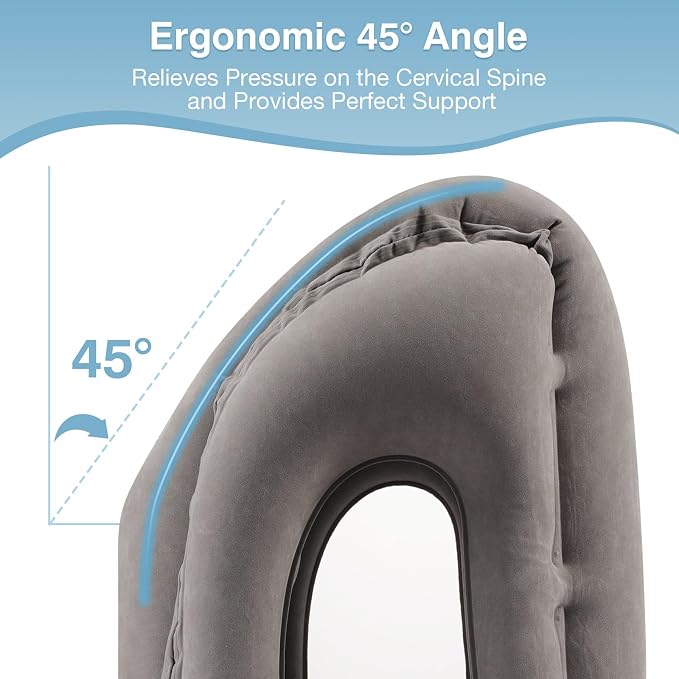 MoKo Inflatable Travel Pillow, Neck Pillow with Storage Bag, Gray | Ergonomic design airplane pillow, optimal neck support. Cutouts to avoid arm numbness. Heart-shaped vent. With storage bag - Image 4