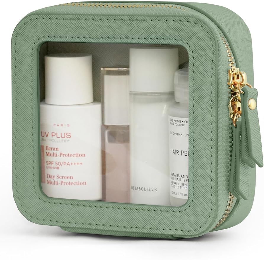 Small Clear Makeup Bag for Purse, Travel Cosmetic Case Green, Mini | Waterproof PU Leather, Square Make Up Pouch with Zipper, Tiny Sage Green Toiletry Organizer Bag Women Car Essential Bag by POPVIBE
