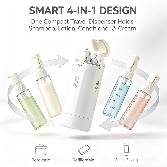 4 in 1 Travel Dispenser Bottle, 30ML Leak Proof Travel Size Toiletries Containers with Labels & Scale, Portable Refillable Travel Bottles for Shampoo Lotion Conditioner Cream, Carry Friendly(1White) - Image 2