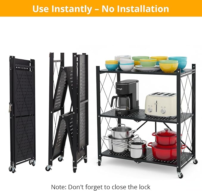 COKIHOM 3-Tier Folding Shelf, No Assembly Metal Shelving Unit with Wheels, Heavy Duty Folding Bookshelf, Space Saving Foldable Storage Shelf for Kitchen, Books, Pantry, Bathroom Organization - Image 4