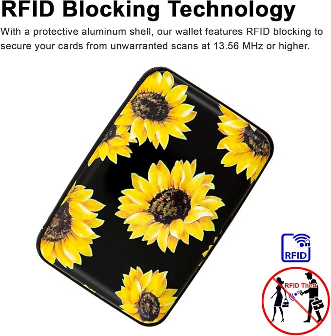 Credit Card Holder, Metal Card Wallet RFID Blocking Mini Slim Aluminum Business Hard Card Case for Women Men (Black Background Sunflowers) - Image 3