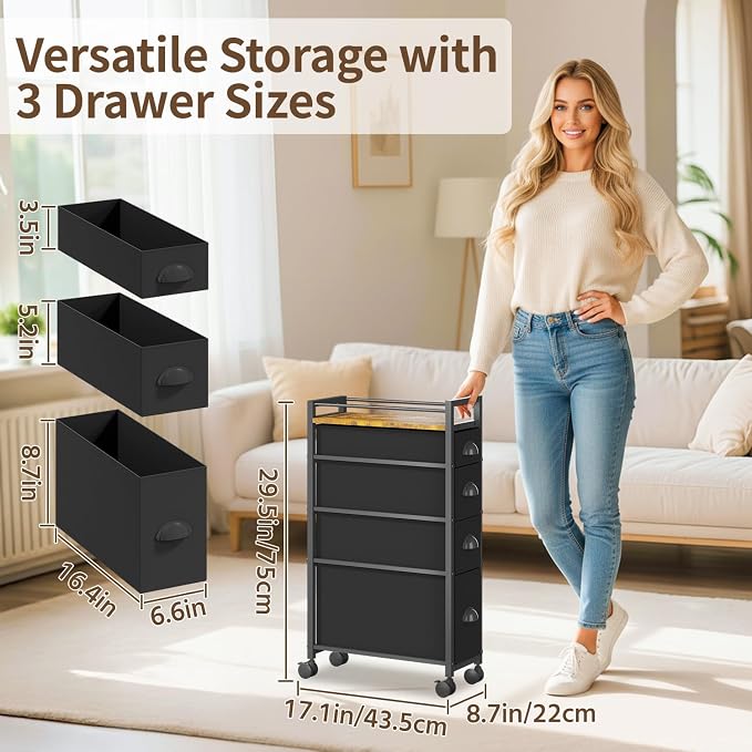 LASZOLA Narrow Cabinet Slim Storage Cart for Bathroom Small Space, Black | 4 Tiers Skinny Rolling Organizer Shelf with Sturdy Fabric Drawers, Lightweight Mobile on Wheels, Between Washer and Dryer - Image 2