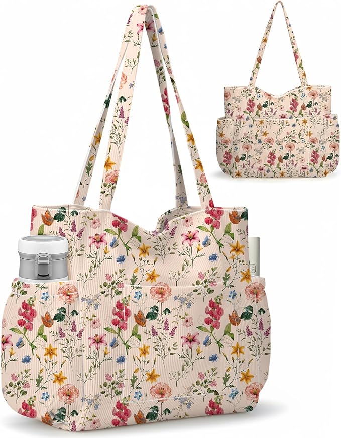 Corduroy Tote Bag for Women,Large Capacity Cute Tote Bags With 6 Pockets,Crossbody Shoulder Handbag for Work Travel Gym by Hatisan