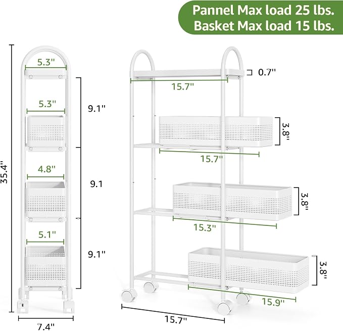 KINGRACK 4 Tier Slim Rolling Cart with Drawer, Metal Utility Storage Cart | 3 Pull-out Baskets, Lockable Wheels, Narrow Space Trolley Organizer for Bathroom, Kitchen, Office, Dorm, Laundry Room, White - Image 8