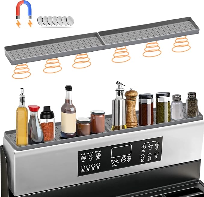 BFONS 30" Magnetic Stove Top Shelf Spice Rack Storage, Silicone Top Heat Material Stove Rack Shelf Flexible Seasoning Organizer Kitchen Shelves Gadgets with 2 Functional Prtitions for Kitchen （Grey） by BFONS