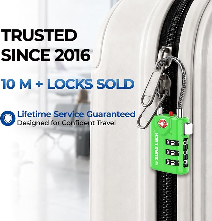 SURE LOCK TSA Approved Luggage Locks with Open Alert Indicator, 3 Digit Combination Cable Travel Lock for Suitcase, Backpack, Gym Locker, Toolbox & Travel Bag（Green 4 Pack） - Image 6