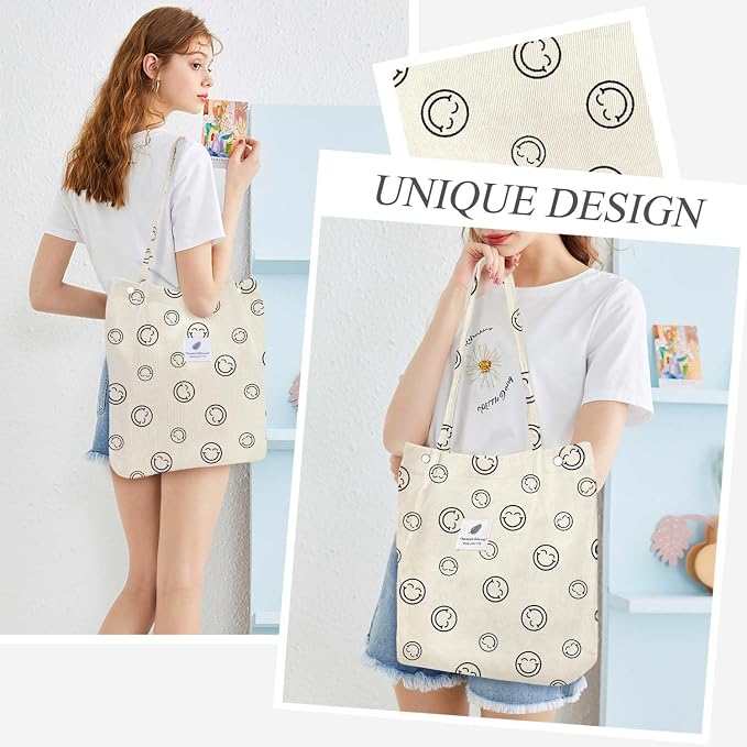 LHMTQVK Corduroy Tote Bags for Women, Large Capacity Tote Purse Reusable Grocery Shoulder Bag with Inner Pockets - Image 7